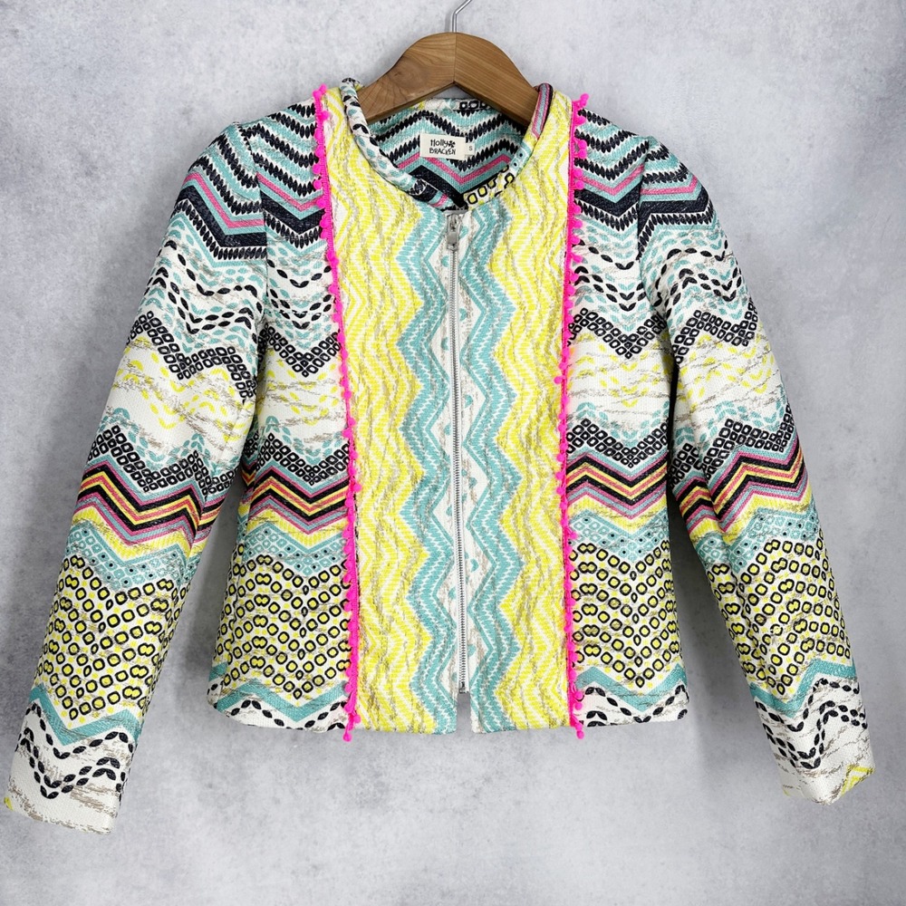 Molly Bracken Bright‎ Boho Chevron Geometric Pom Pom Zip Front Jacket Size Small